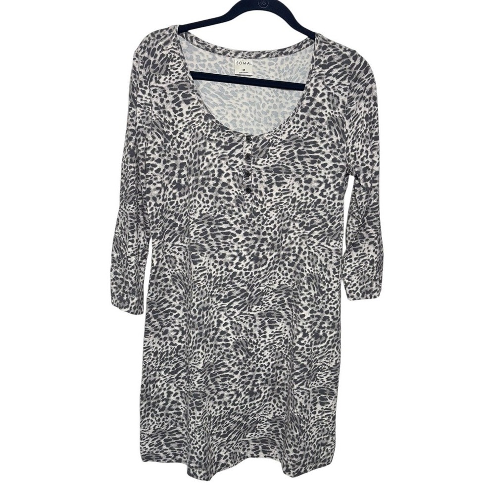 Soma Embraceable Long Sleeve Sleepshirt Medium Spotted Mini Gray Ink